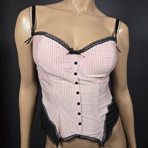 Y2K  Bustier Lingerie Top 38 D Pink Black Pinstriped Bows Lace Trim Coquette